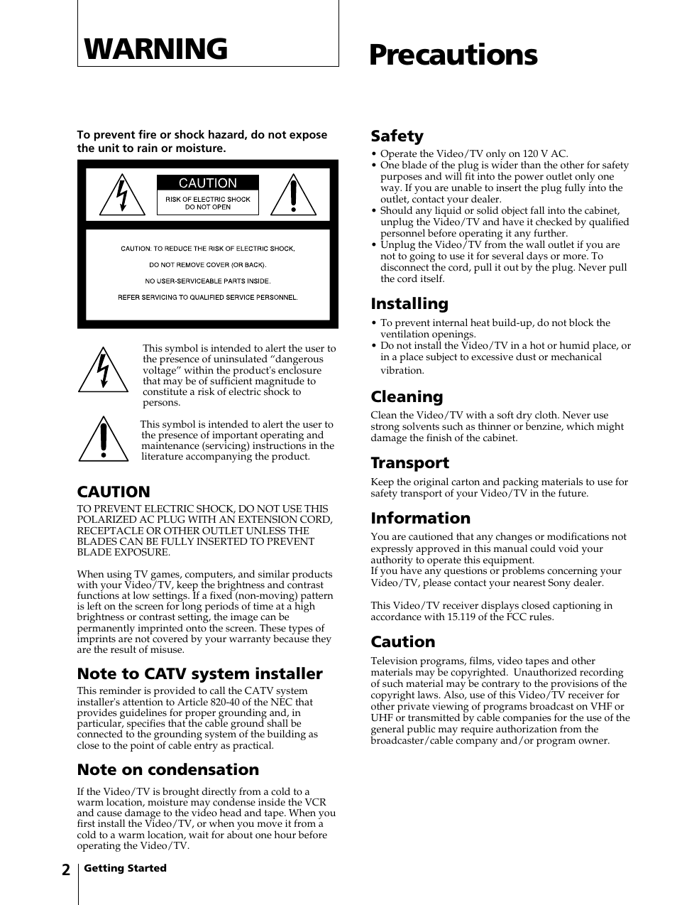 Warning, Precautions, Safety | Installing, Cleaning, Transport, Information, Caution | Sony KV-13VM42 User Manual | Page 2 / 188