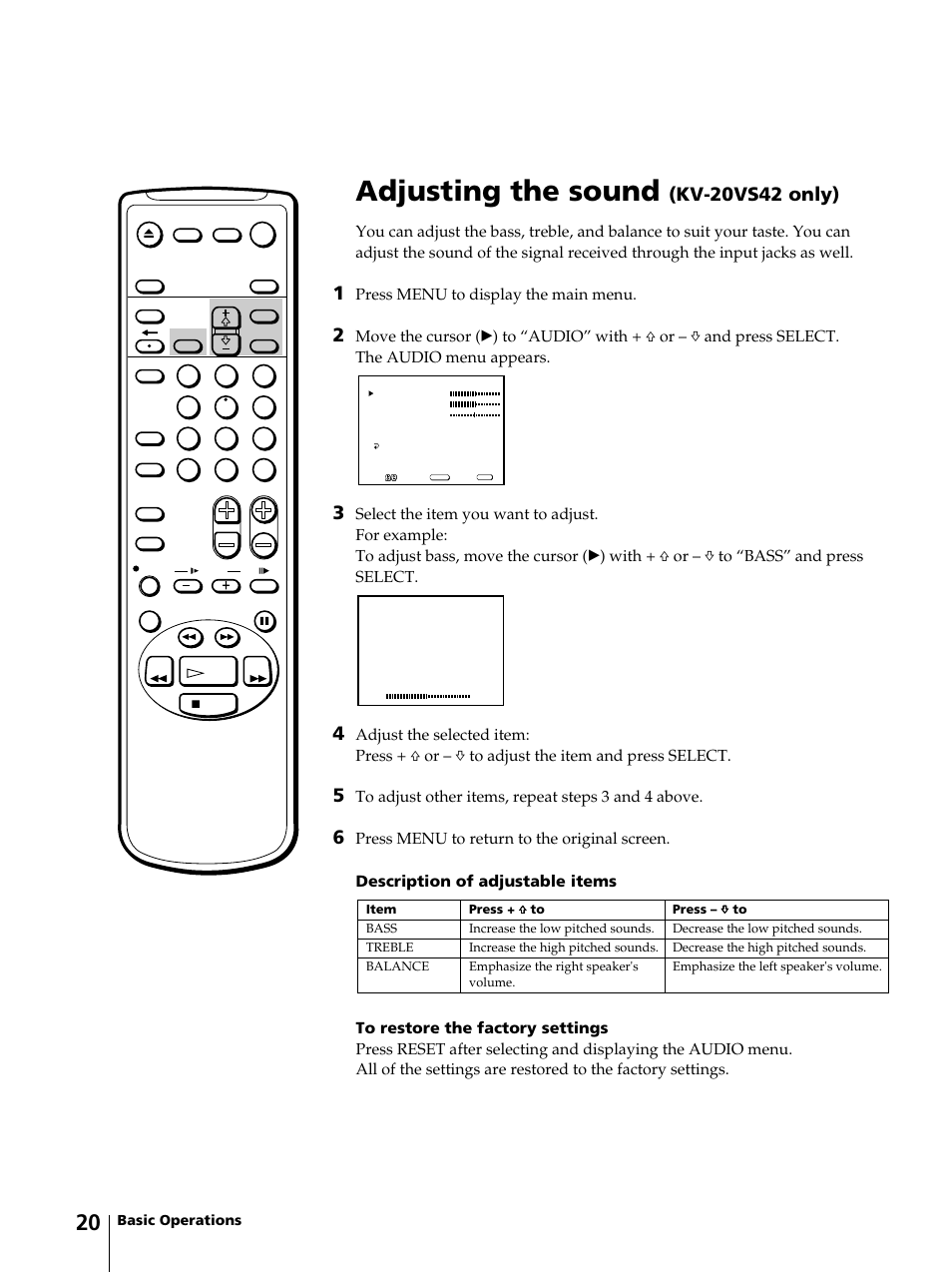 Adjusting the sound, Kv-20vs42 only), Press menu to display the main menu | Sony KV-13VM42 User Manual | Page 20 / 188