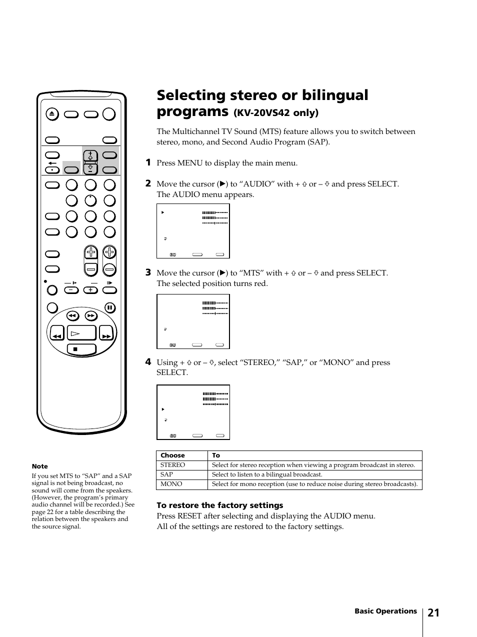 Selecting stereo or bilingual programs, Kv-20vs42 only), Press menu to display the main menu | Basic operations | Sony KV-13VM42 User Manual | Page 21 / 188