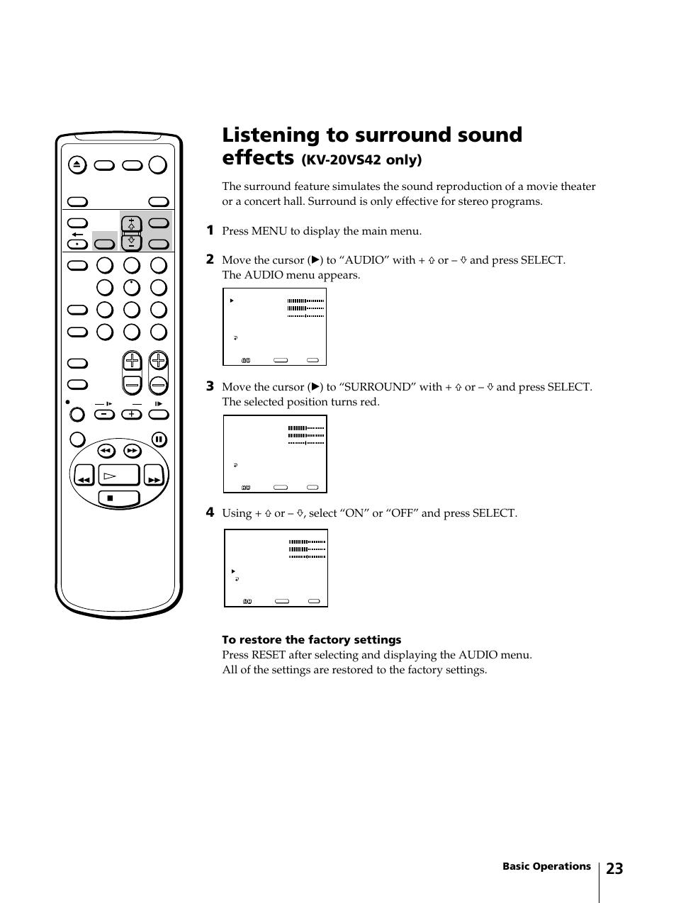 Listening to surround sound effects, Kv-20vs42 only), Press menu to display the main menu | Basic operations | Sony KV-13VM42 User Manual | Page 23 / 188