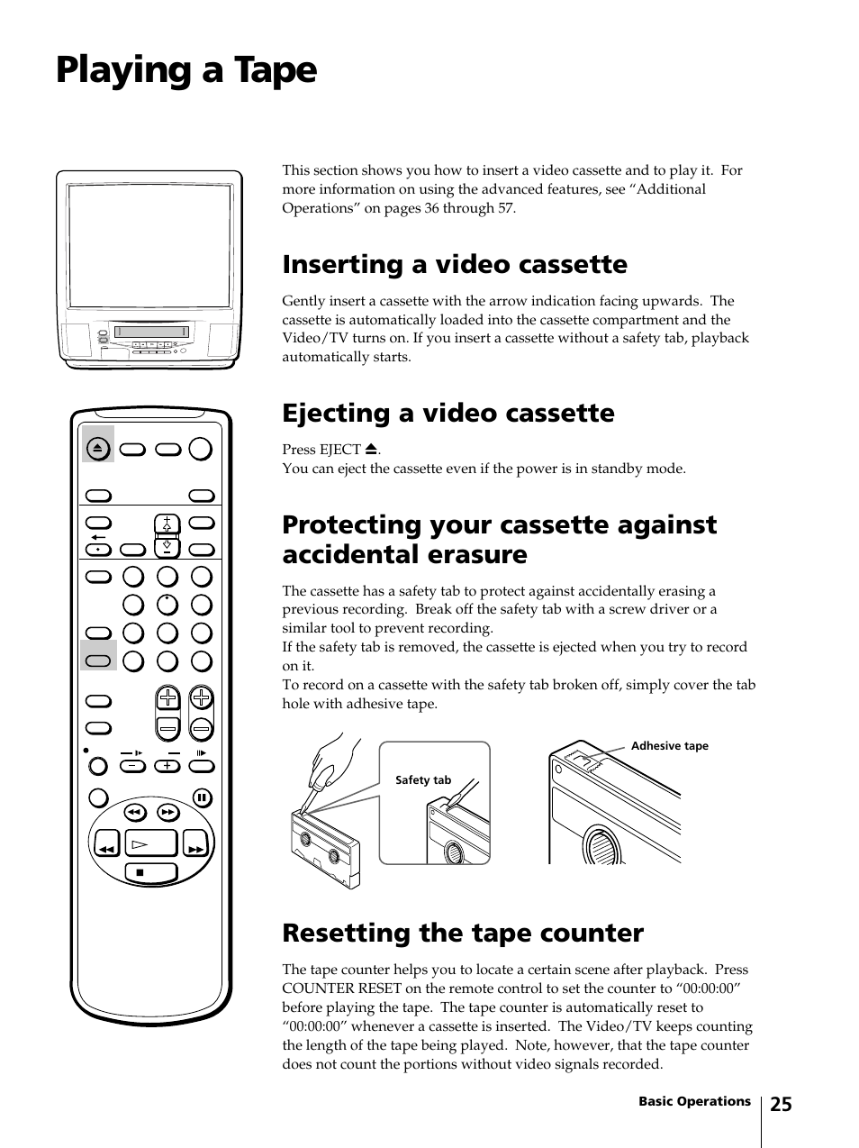 Playing a tape, Inserting a video cassette, Ejecting a video cassette | Resetting the tape counter | Sony KV-13VM42 User Manual | Page 25 / 188