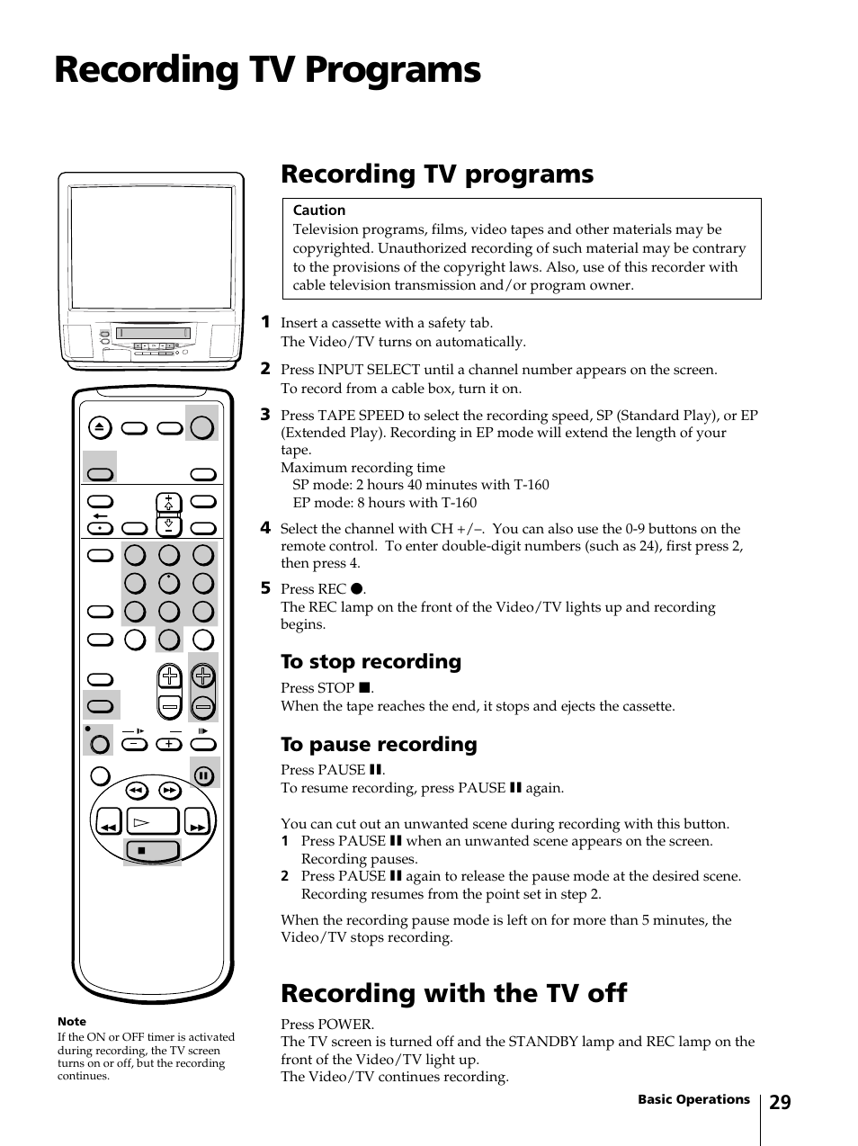Recording tv programs, Recording with the tv off | Sony KV-13VM42 User Manual | Page 29 / 188