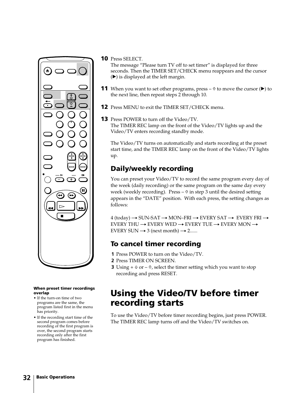 Using the video/tv before timer recording starts, Daily/weekly recording | Sony KV-13VM42 User Manual | Page 32 / 188