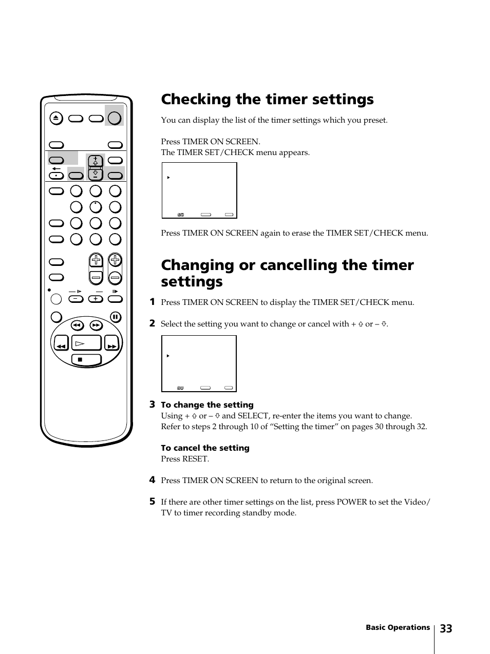 Checking the timer settings, Changing or cancelling the timer settings | Sony KV-13VM42 User Manual | Page 33 / 188