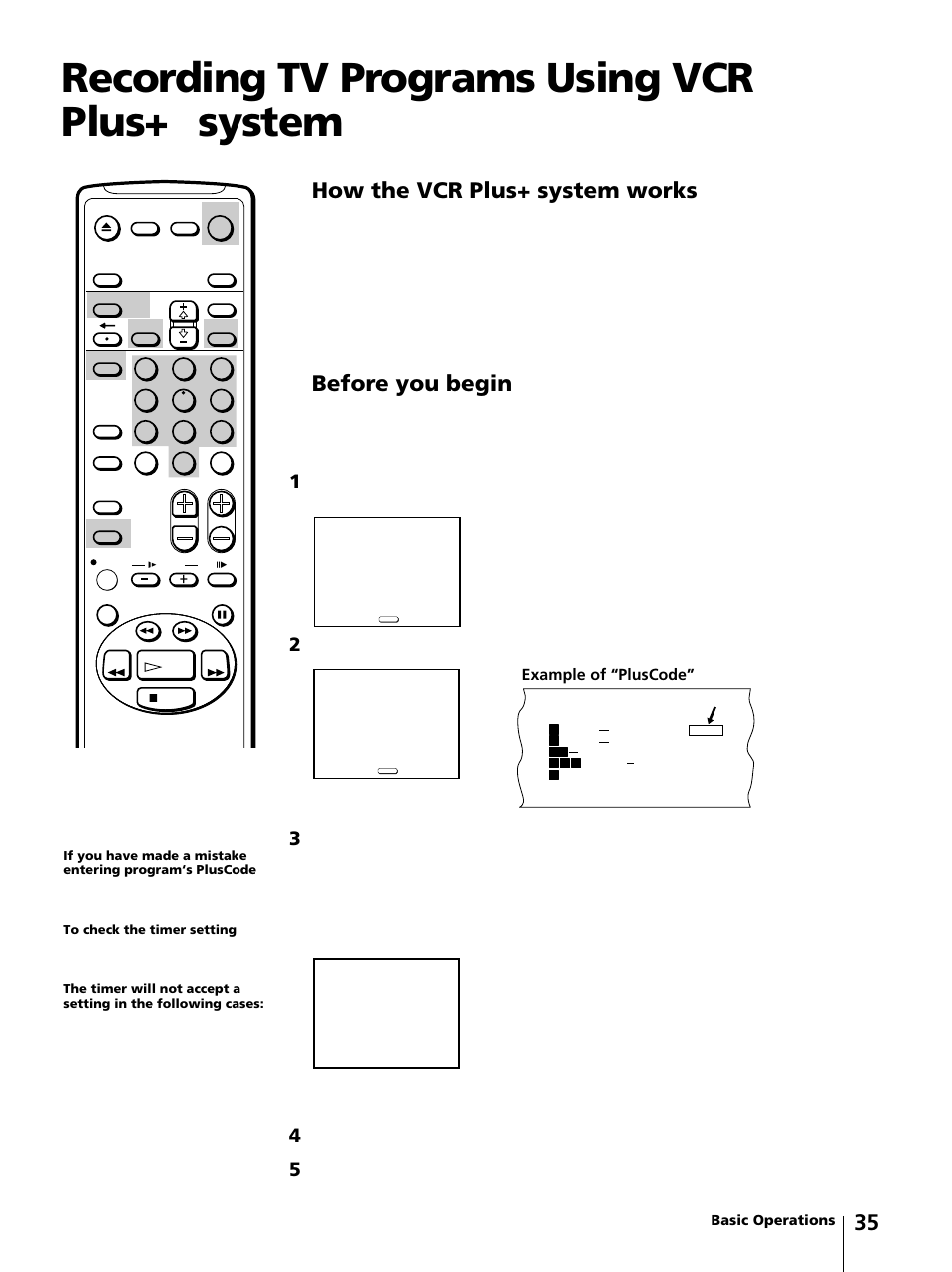 Recording tv programs using vcr plus, System, 35 how the vcr plus+ system works | Before you begin, System” on page 16, Example of “pluscode | Sony KV-13VM42 User Manual | Page 35 / 188