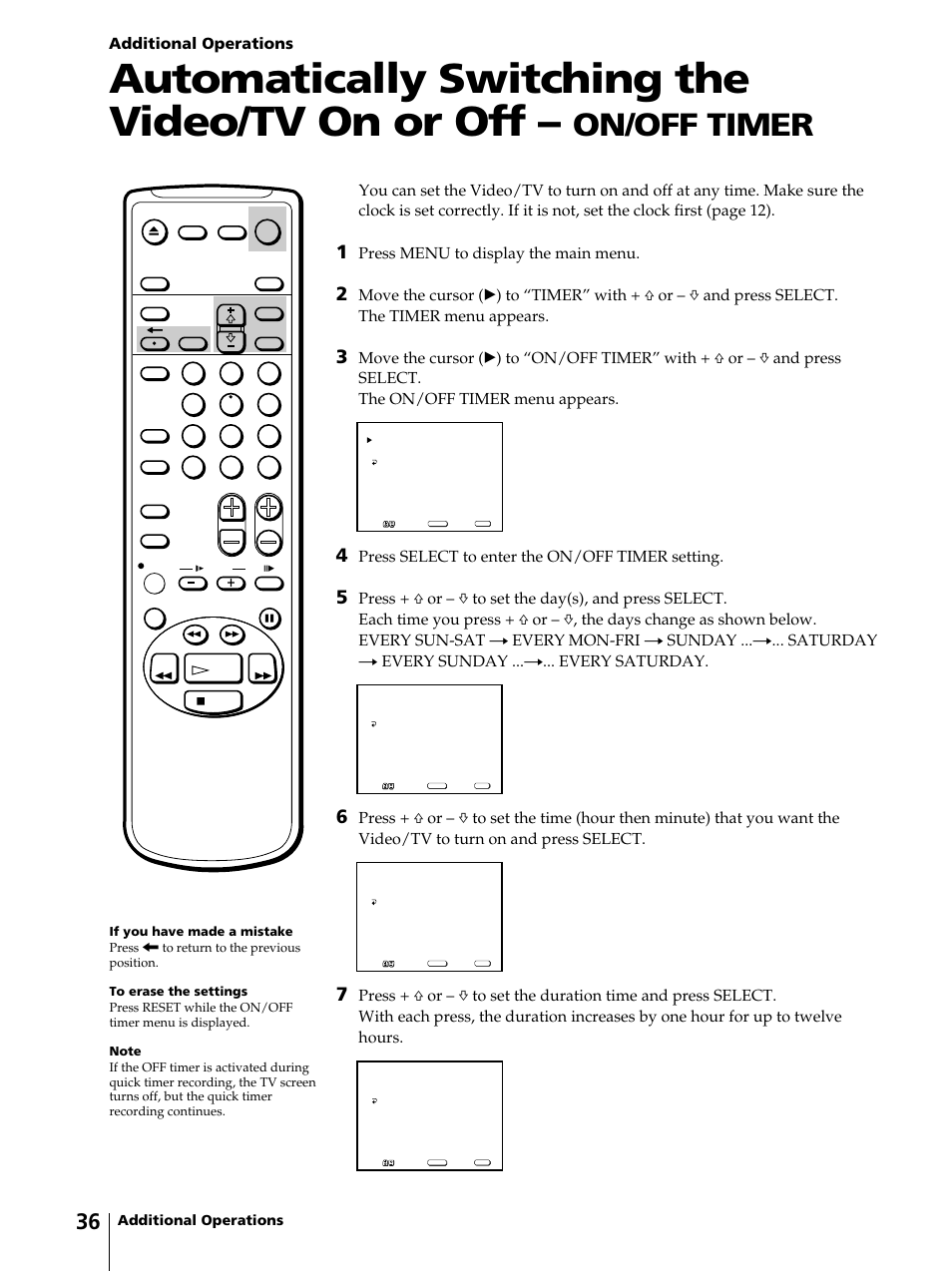 Automatically switching the video/tv on or off, On/off timer, Press menu to display the main menu | Press select to enter the on/off timer setting | Sony KV-13VM42 User Manual | Page 36 / 188