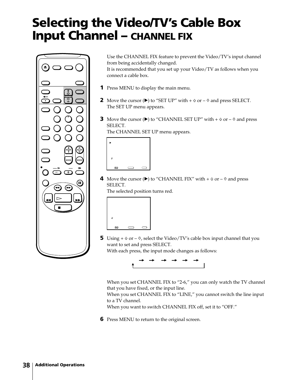 Selecting the video/tv’s cable box input channel, Channel fix, Press menu to display the main menu | Press menu to return to the original screen | Sony KV-13VM42 User Manual | Page 38 / 188