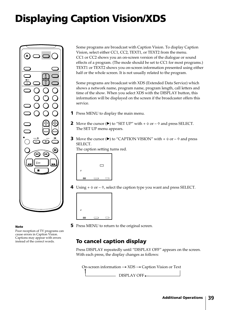 Displaying caption vision/xds, Press menu to display the main menu, Press menu to return to the original screen | Sony KV-13VM42 User Manual | Page 39 / 188