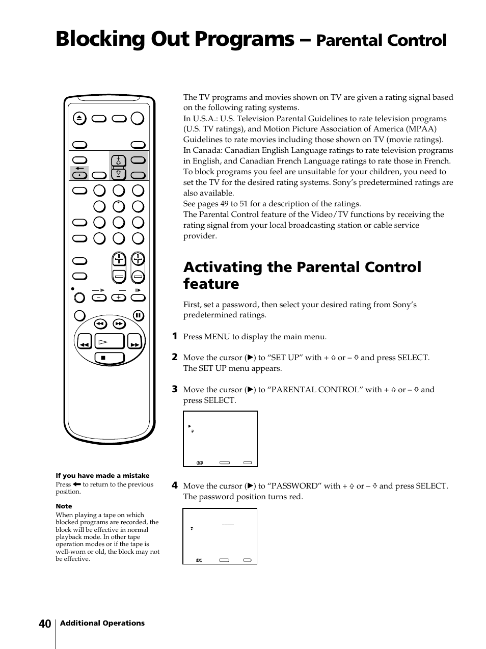 Blocking out programs, Parental control, Activating the parental control feature | Press menu to display the main menu | Sony KV-13VM42 User Manual | Page 40 / 188