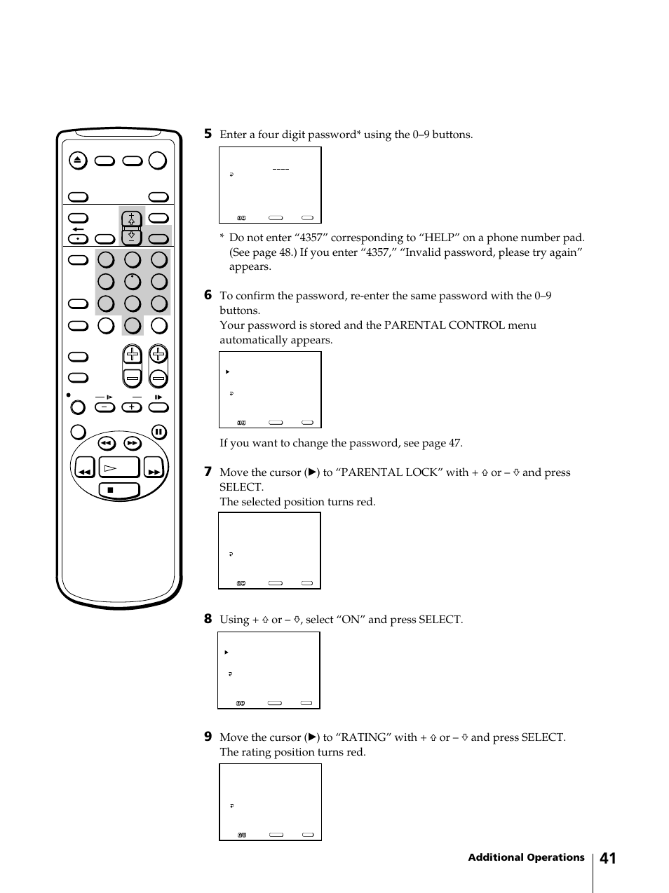 Using + ◊ or – √, select “on” and press select, Additional operations | Sony KV-13VM42 User Manual | Page 41 / 188