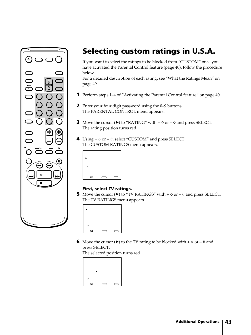 Selecting custom ratings in u.s.a | Sony KV-13VM42 User Manual | Page 43 / 188
