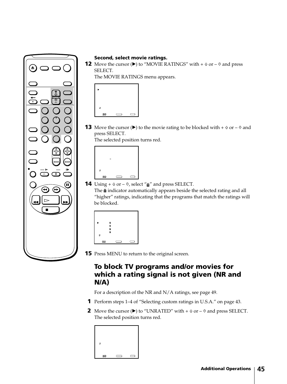 Second, select movie ratings, Press menu to return to the original screen, Additional operations | Sony KV-13VM42 User Manual | Page 45 / 188