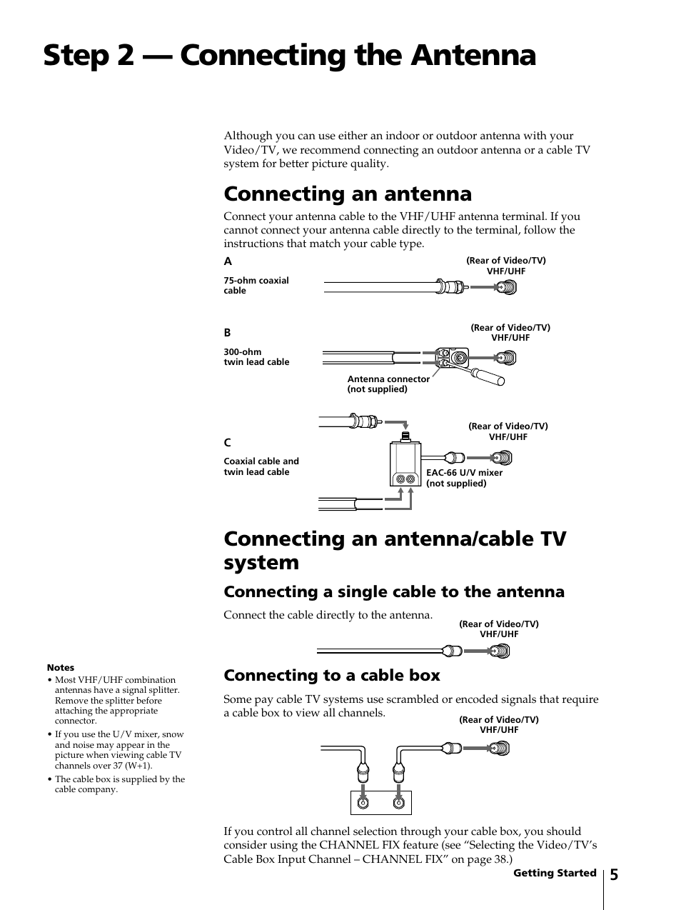 Step 2 — connecting the antenna, Connecting an antenna, Connecting an antenna/cable tv system | Connecting a single cable to the antenna, Connecting to a cable box | Sony KV-13VM42 User Manual | Page 5 / 188