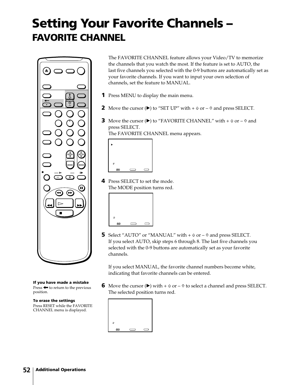 Setting your favorite channels, Favorite channel, Press menu to display the main menu | Sony KV-13VM42 User Manual | Page 52 / 188