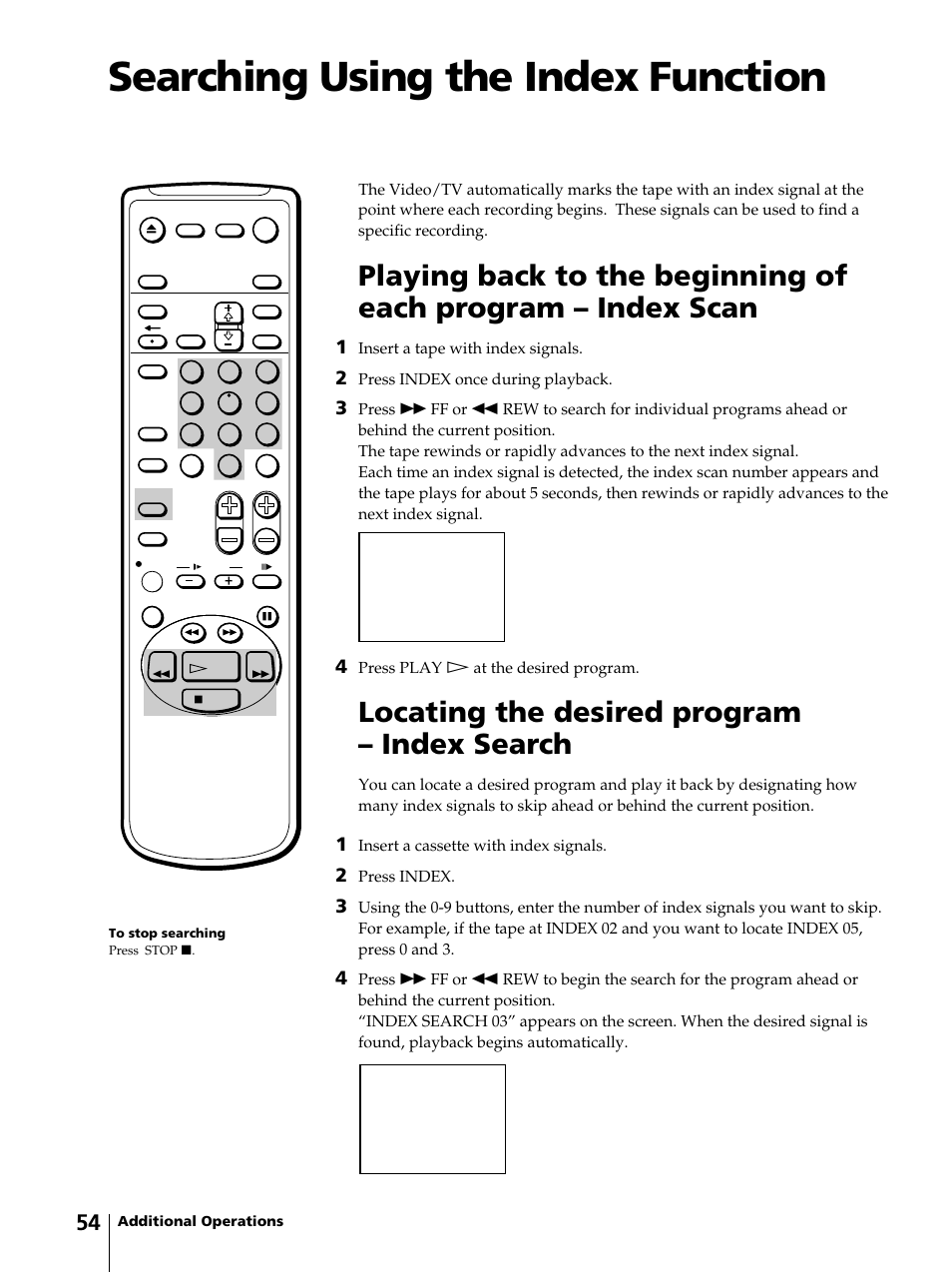 Searching using the index function, Locating the desired program – index search | Sony KV-13VM42 User Manual | Page 54 / 188