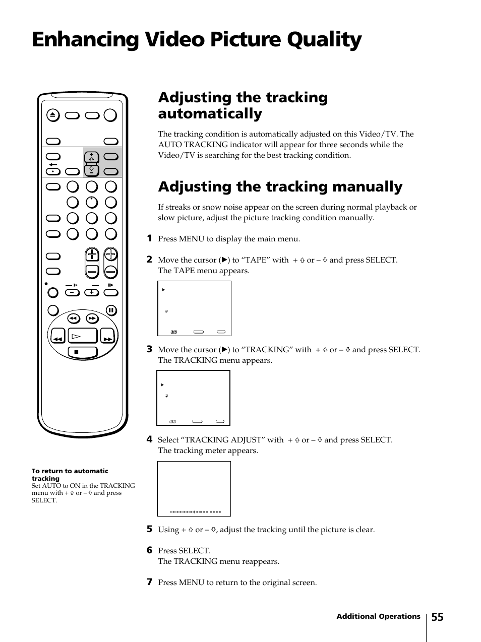 Enhancing video picture quality, Adjusting the tracking automatically, Adjusting the tracking manually | Press menu to display the main menu, Press select. the tracking menu reappears, Press menu to return to the original screen | Sony KV-13VM42 User Manual | Page 55 / 188