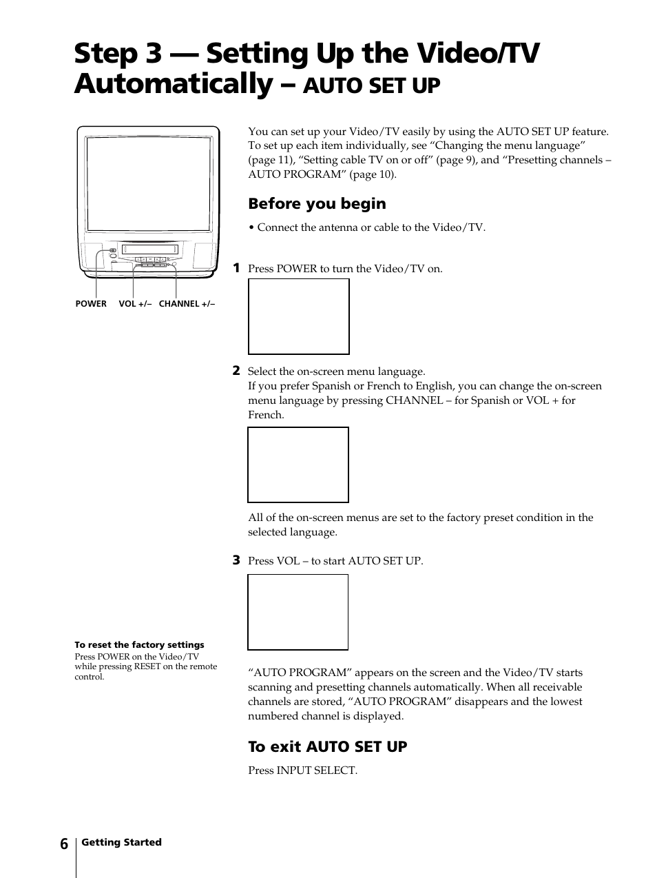 Step 3 — setting up the video/tv automatically, Auto set up, Before you begin | Sony KV-13VM42 User Manual | Page 6 / 188