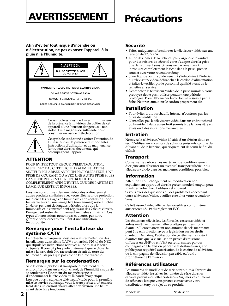 Avertissement, Précautions | Sony KV-13VM42 User Manual | Page 64 / 188