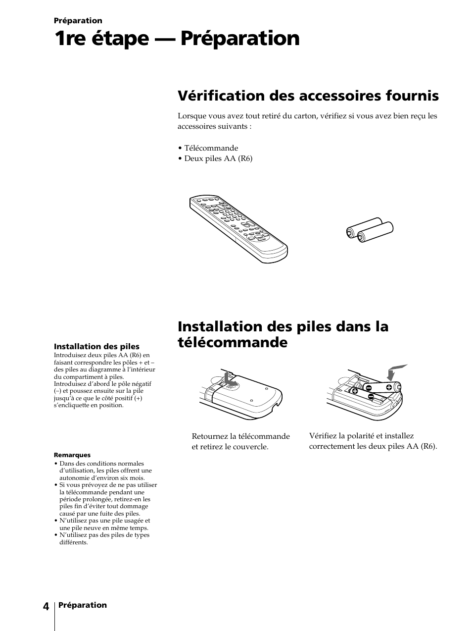 1re étape — préparation, Vérification des accessoires fournis, Installation des piles dans la télécommande | Sony KV-13VM42 User Manual | Page 66 / 188