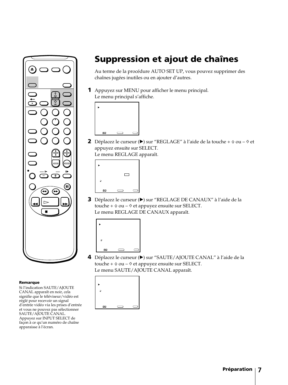 Suppression et ajout de chaînes, Préparation | Sony KV-13VM42 User Manual | Page 69 / 188