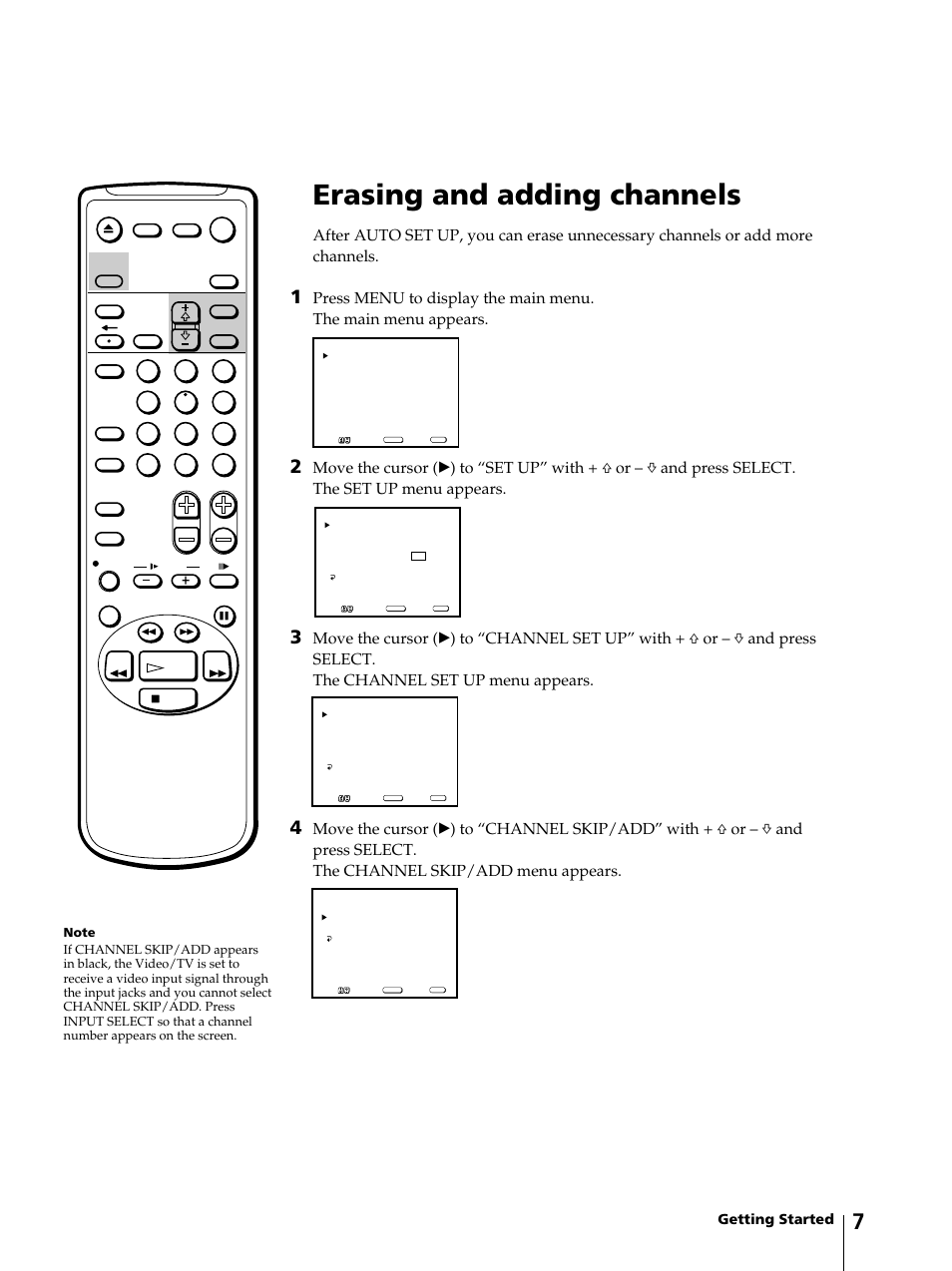 Erasing and adding channels, Getting started | Sony KV-13VM42 User Manual | Page 7 / 188