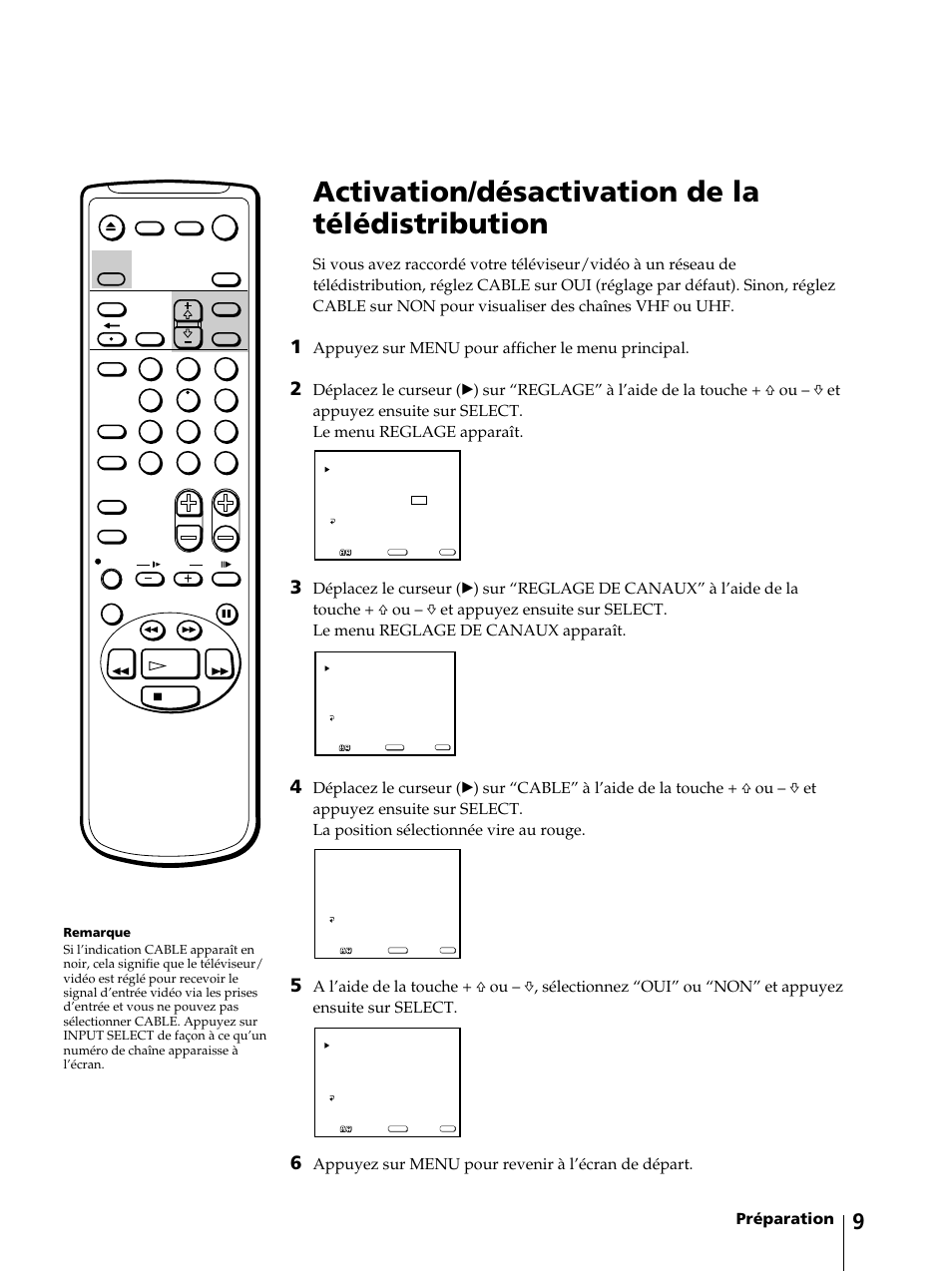 Activation/désactivation de la télédistribution, Préparation, Appuyez sur menu pour afficher le menu principal | Appuyez sur menu pour revenir à l’écran de départ | Sony KV-13VM42 User Manual | Page 71 / 188