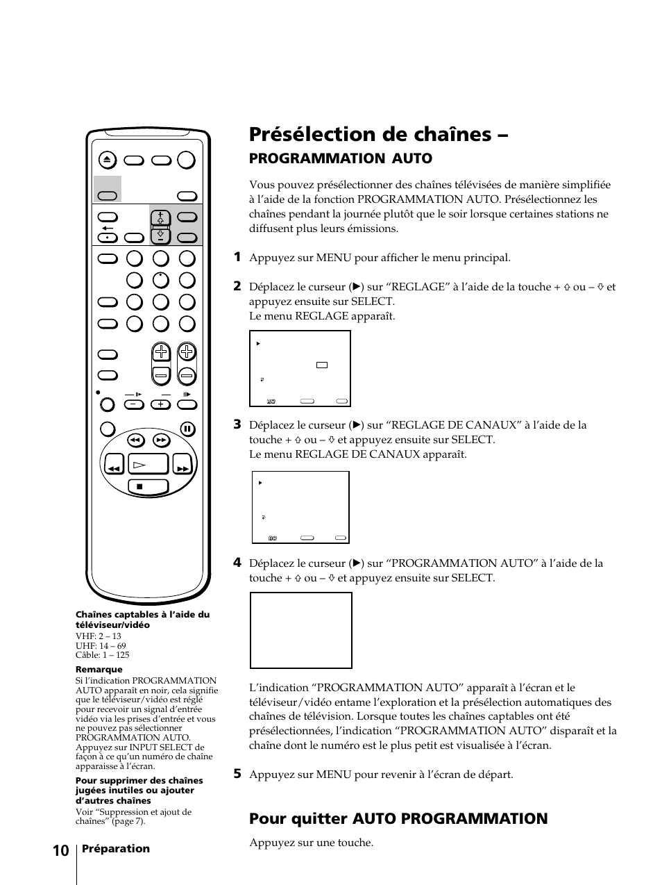Présélection de chaînes, Pour quitter auto programmation, Programmation | Auto, Préparation, Appuyez sur menu pour afficher le menu principal, Appuyez sur menu pour revenir à l’écran de départ, Appuyez sur une touche | Sony KV-13VM42 User Manual | Page 72 / 188