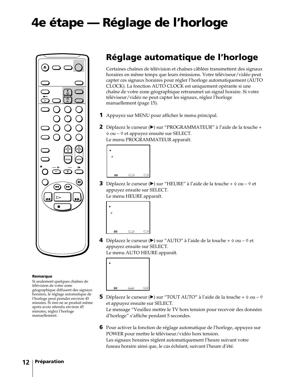 4e étape — réglage de l’horloge, Réglage automatique de l’horloge, Préparation | Appuyez sur menu pour afficher le menu principal | Sony KV-13VM42 User Manual | Page 74 / 188