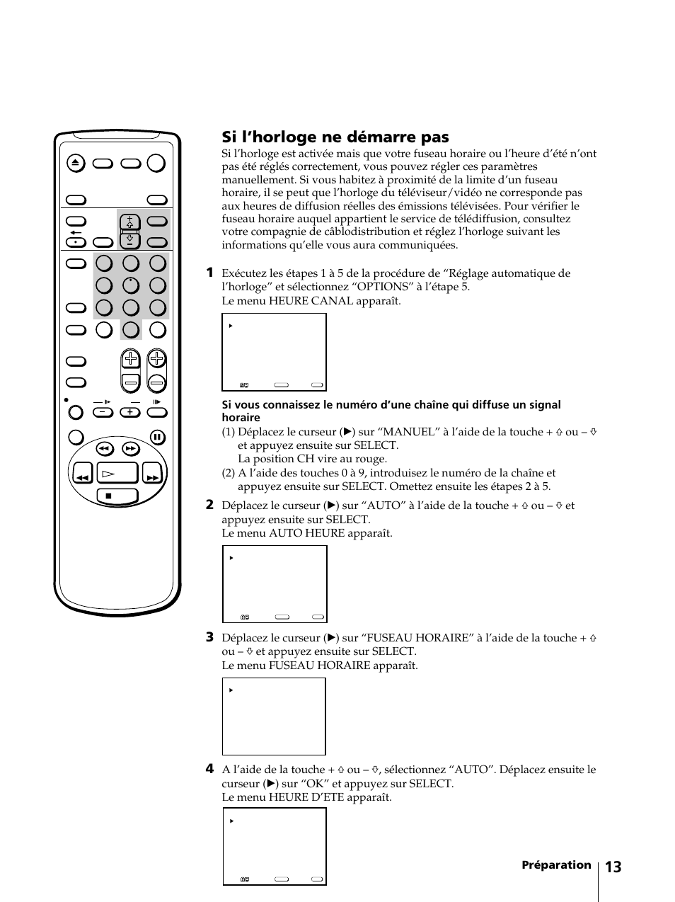 13 si l’horloge ne démarre pas, Préparation | Sony KV-13VM42 User Manual | Page 75 / 188