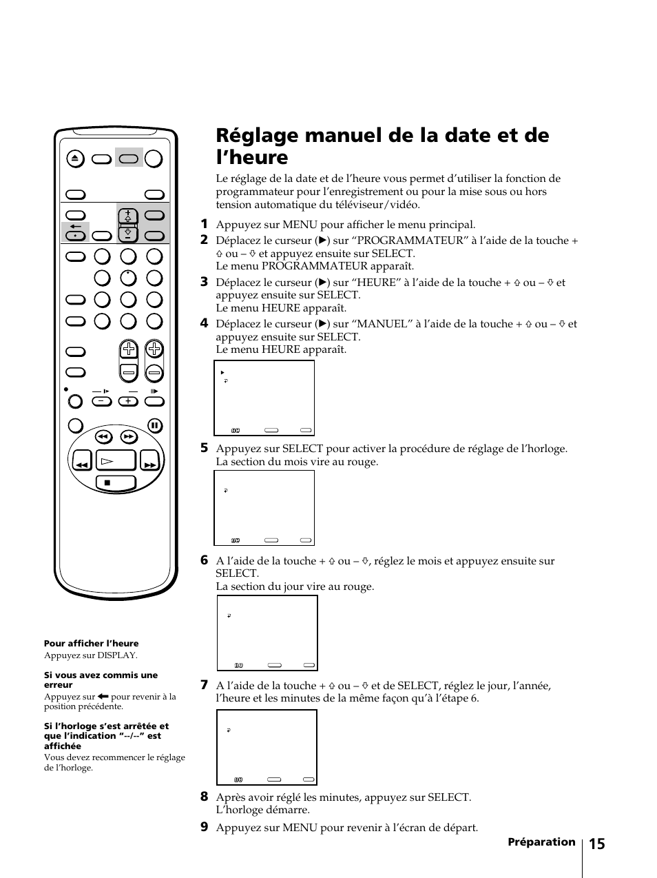 Réglage manuel de la date et de l’heure, Préparation, Appuyez sur menu pour afficher le menu principal | Appuyez sur menu pour revenir à l’écran de départ | Sony KV-13VM42 User Manual | Page 77 / 188