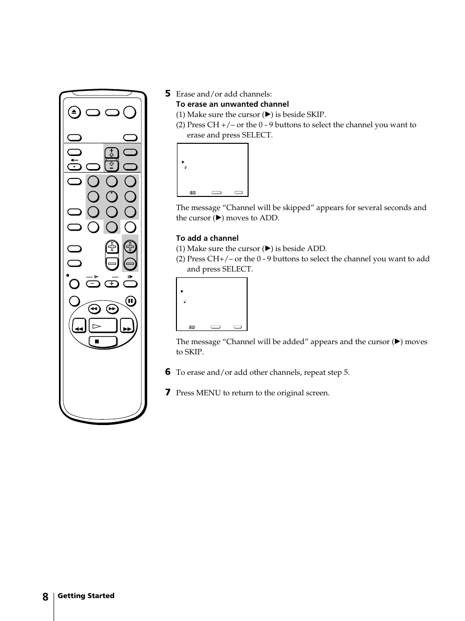 Press menu to return to the original screen, Getting started | Sony KV-13VM42 User Manual | Page 8 / 188