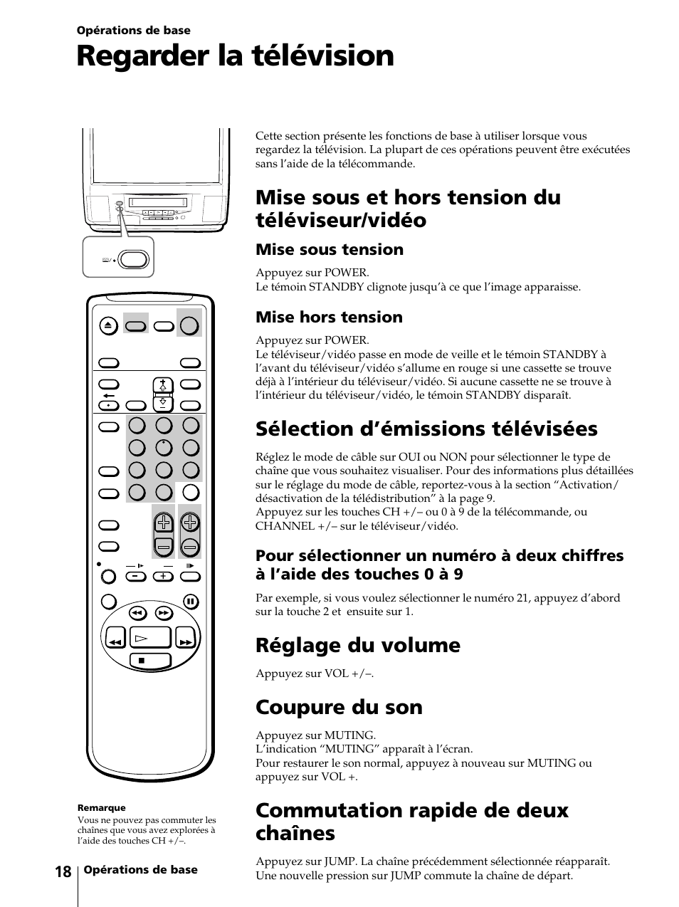 Regarder la télévision, Mise sous et hors tension du téléviseur/vidéo, Sélection d’émissions télévisées | Réglage du volume, Coupure du son, Commutation rapide de deux chaînes, Mise sous tension, Mise hors tension | Sony KV-13VM42 User Manual | Page 80 / 188