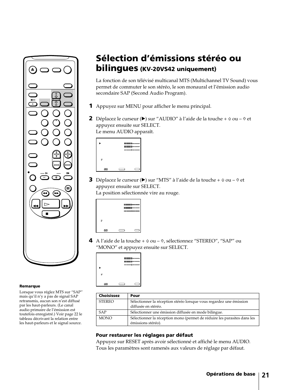 Sélection d’émissions stéréo ou bilingues, Kv-20vs42 uniquement), Opérations de base | Appuyez sur menu pour afficher le menu principal | Sony KV-13VM42 User Manual | Page 83 / 188