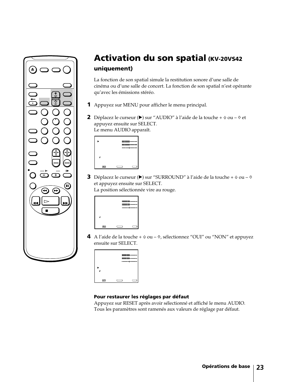 Activation du son spatial, Kv-20vs42 uniquement), Opérations de base | Appuyez sur menu pour afficher le menu principal | Sony KV-13VM42 User Manual | Page 85 / 188