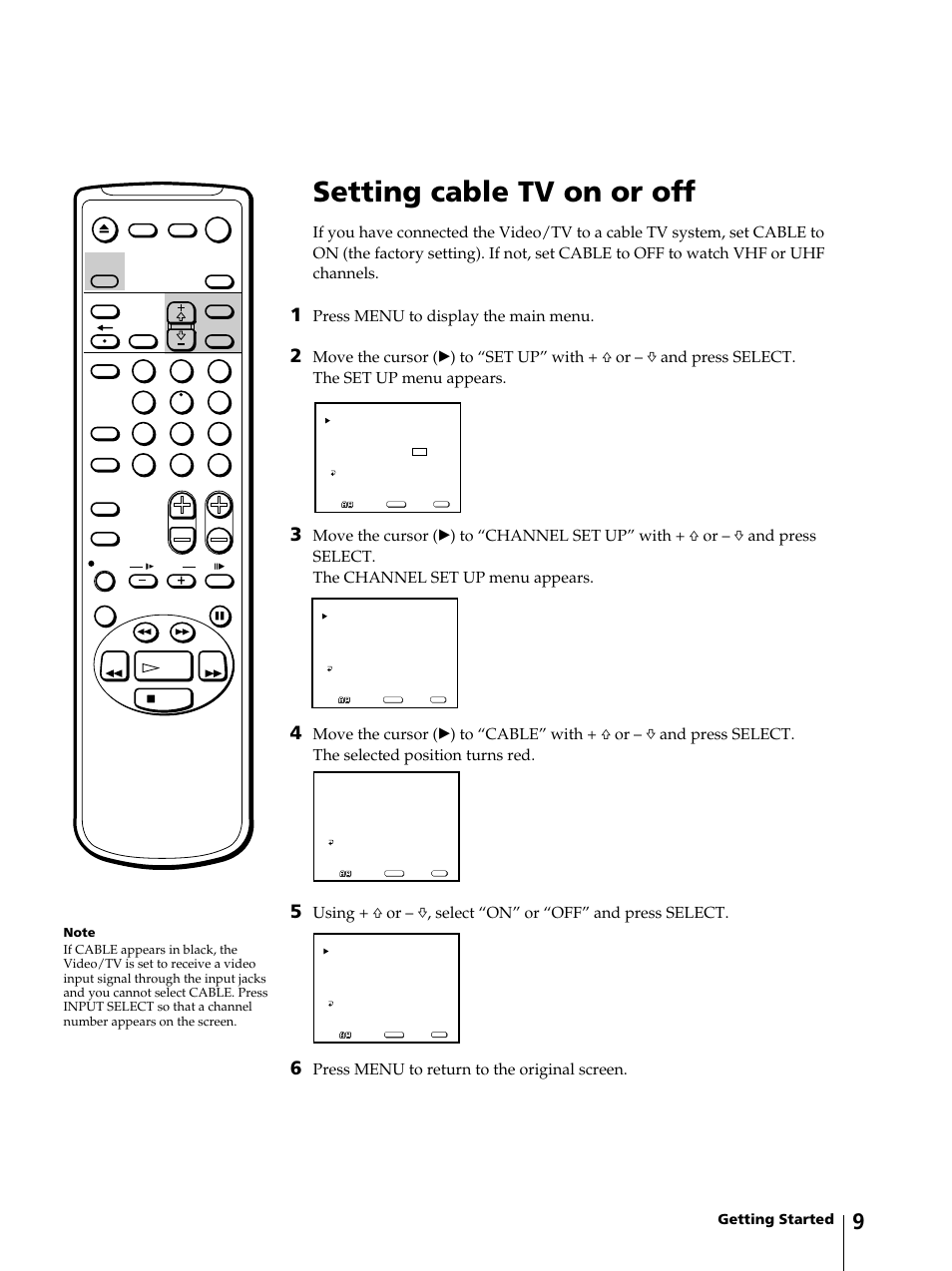 Setting cable tv on or off, Press menu to display the main menu, Press menu to return to the original screen | Getting started | Sony KV-13VM42 User Manual | Page 9 / 188