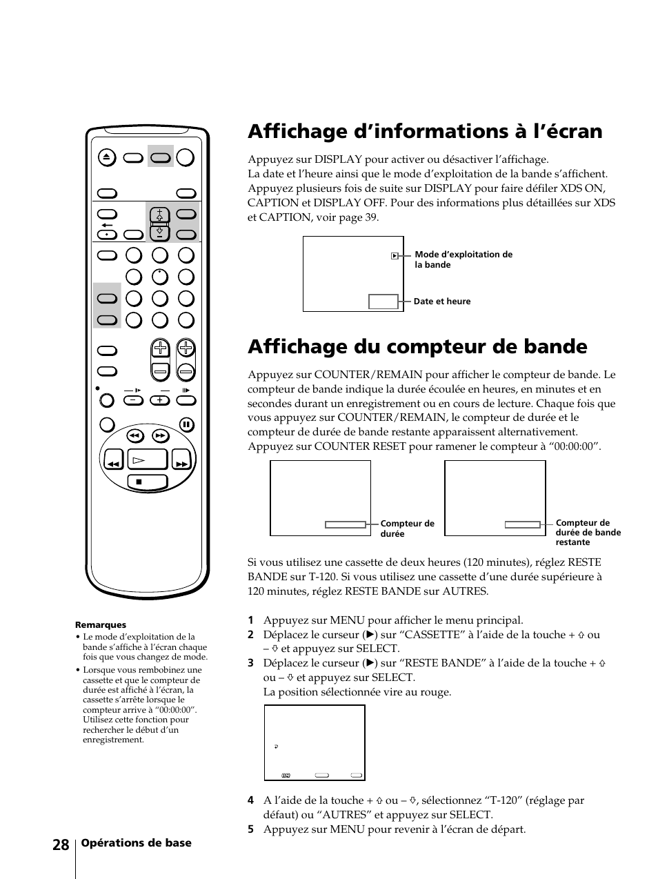 Affichage d’informations à l’écran, Affichage du compteur de bande, Opérations de base | Sony KV-13VM42 User Manual | Page 90 / 188