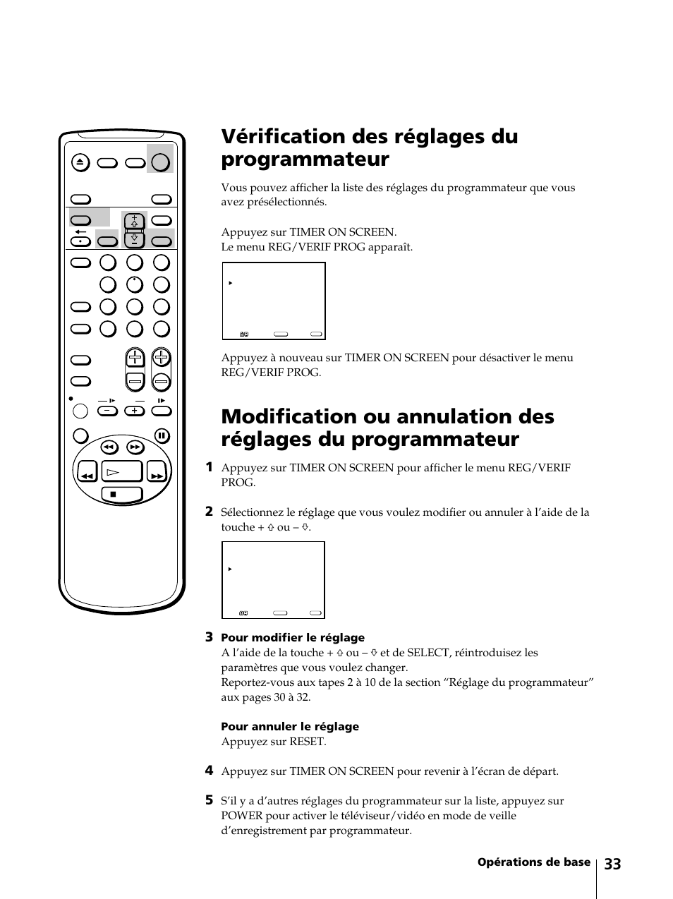 Vérification des réglages du programmateur, Opérations de base | Sony KV-13VM42 User Manual | Page 95 / 188