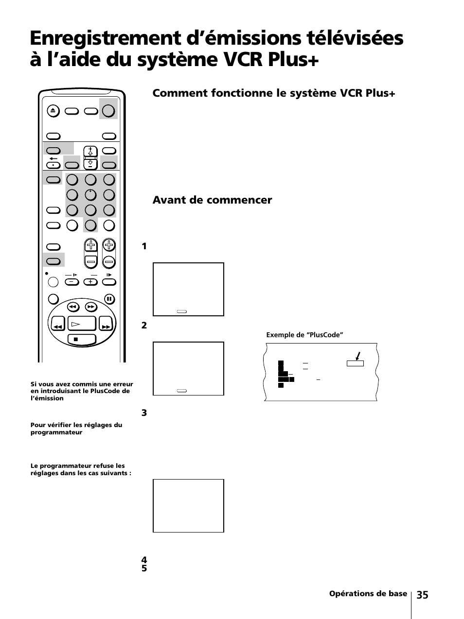 35 comment fonctionne le système vcr plus, Avant de commencer, Opérations de base | Sony KV-13VM42 User Manual | Page 97 / 188