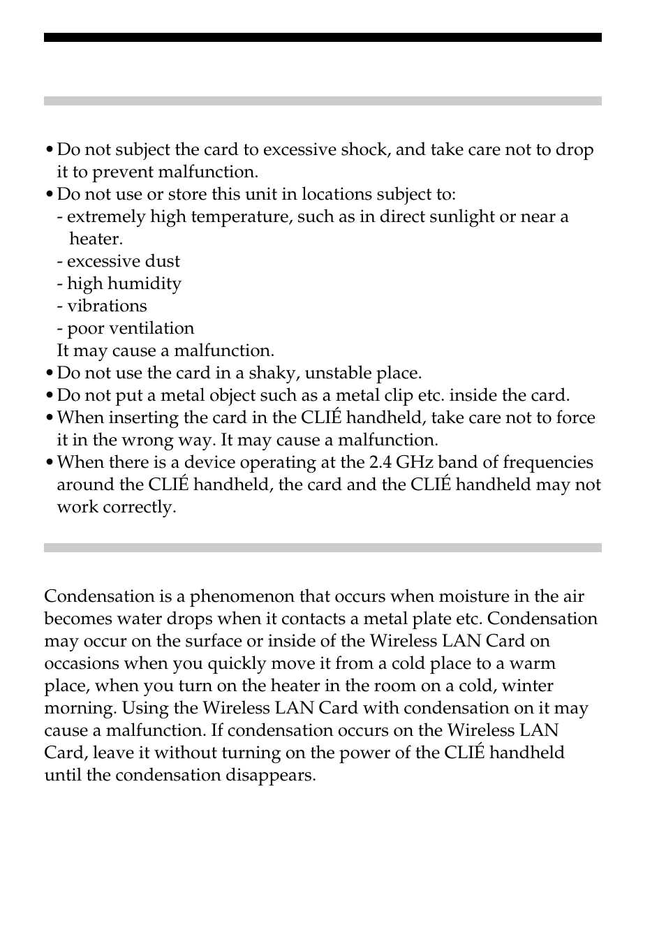 Precautions on use, Handling this wireless lan card, Condensation | Sony PEGA-WL100 User Manual | Page 37 / 40