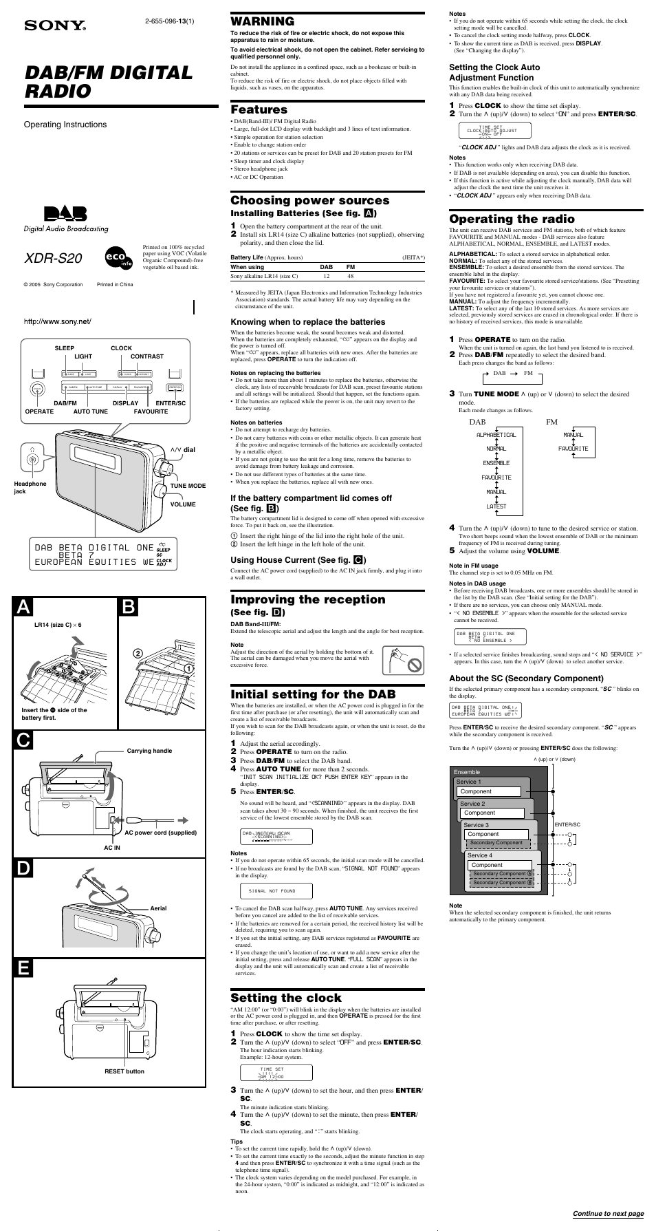 Sony XDR-S20 User Manual | 2 pages