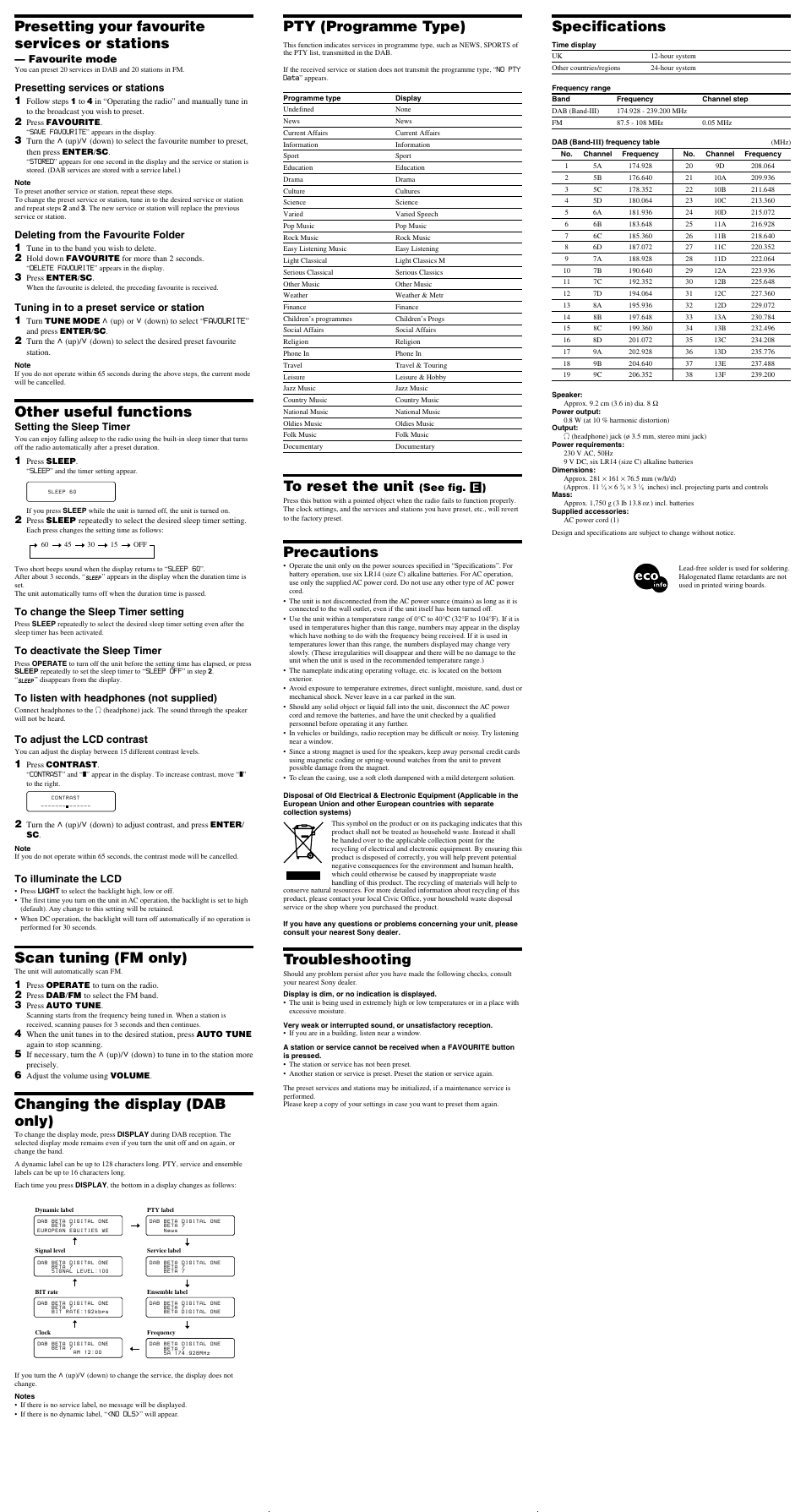 Presetting your favourite services or stations, Other useful functions, Scan tuning (fm only) | Changing the display (dab only), Specifications, Pty (programme type), Precautions, Troubleshooting, Favourite mode, Presetting services or stations 1 | Sony XDR-S20 User Manual | Page 2 / 2