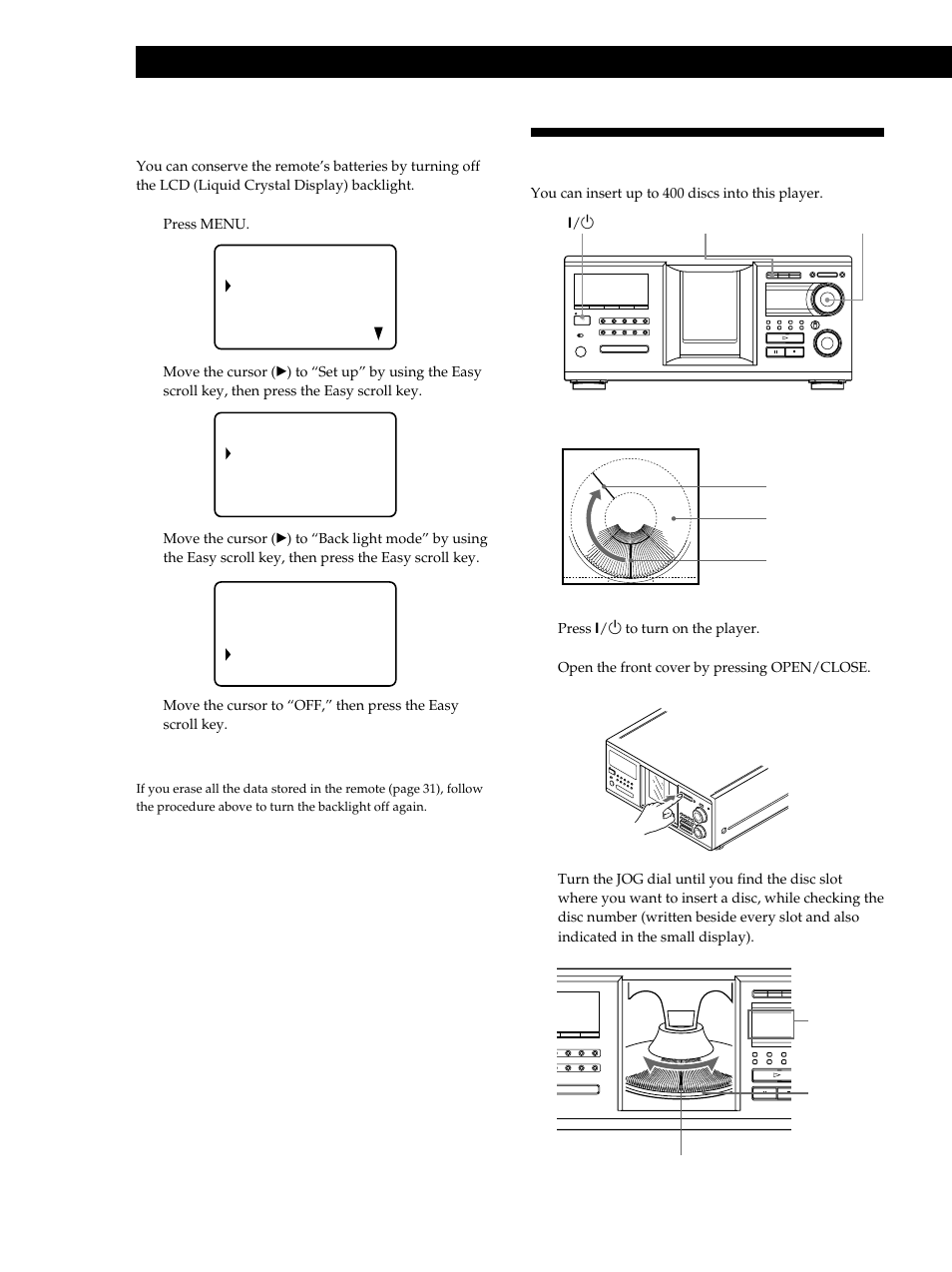 Inserting cds, Getting started, Turning off the lcd back light | Sony CDP-M555ES User Manual | Page 10 / 48