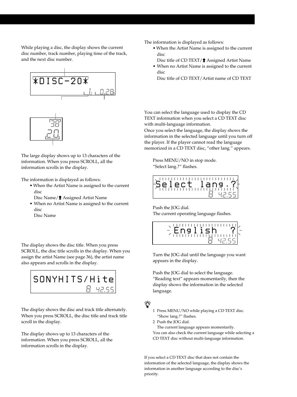 Playing cds, Selecting the language of the cd text information, Display information of cd text discs | Sony CDP-M555ES User Manual | Page 15 / 48