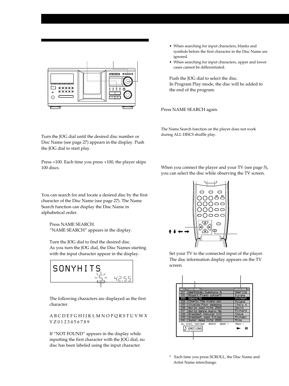 Locating a specific disc, Playing cds, Locating a disc while observing the tv screen | Locating a disc on the player | Sony CDP-M555ES User Manual | Page 16 / 48