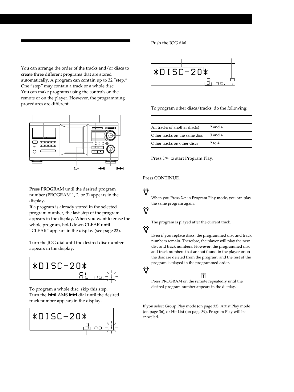 Creating your own program (program play), Playing cds, Creating a program on the player 1 | Sony CDP-M555ES User Manual | Page 21 / 48