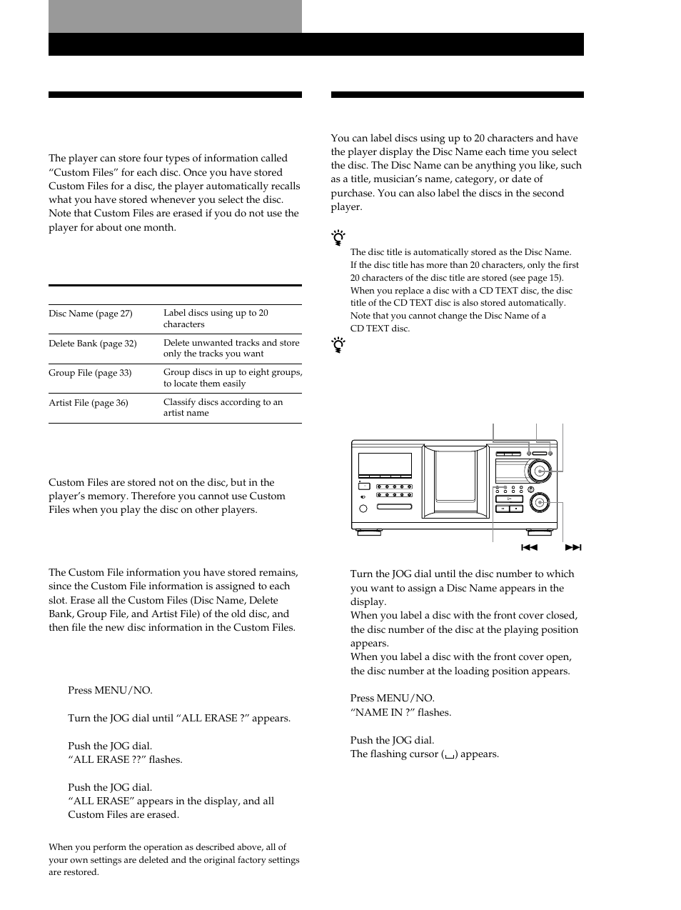 What you can do with the custom files, Labeling discs (disc name), Storing information about cds (custom files) | You can store this information, Where are custom files stored, If you replace discs with custom files, Erasing all custom files of all discs 1, Labeling discs on the player 1 | Sony CDP-M555ES User Manual | Page 27 / 48