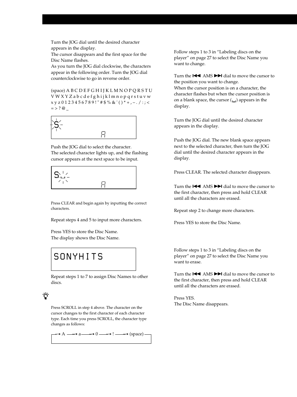 Storing information about cds (custom files), Changing the disc name 1, Erasing the disc name 1 | Sony CDP-M555ES User Manual | Page 28 / 48