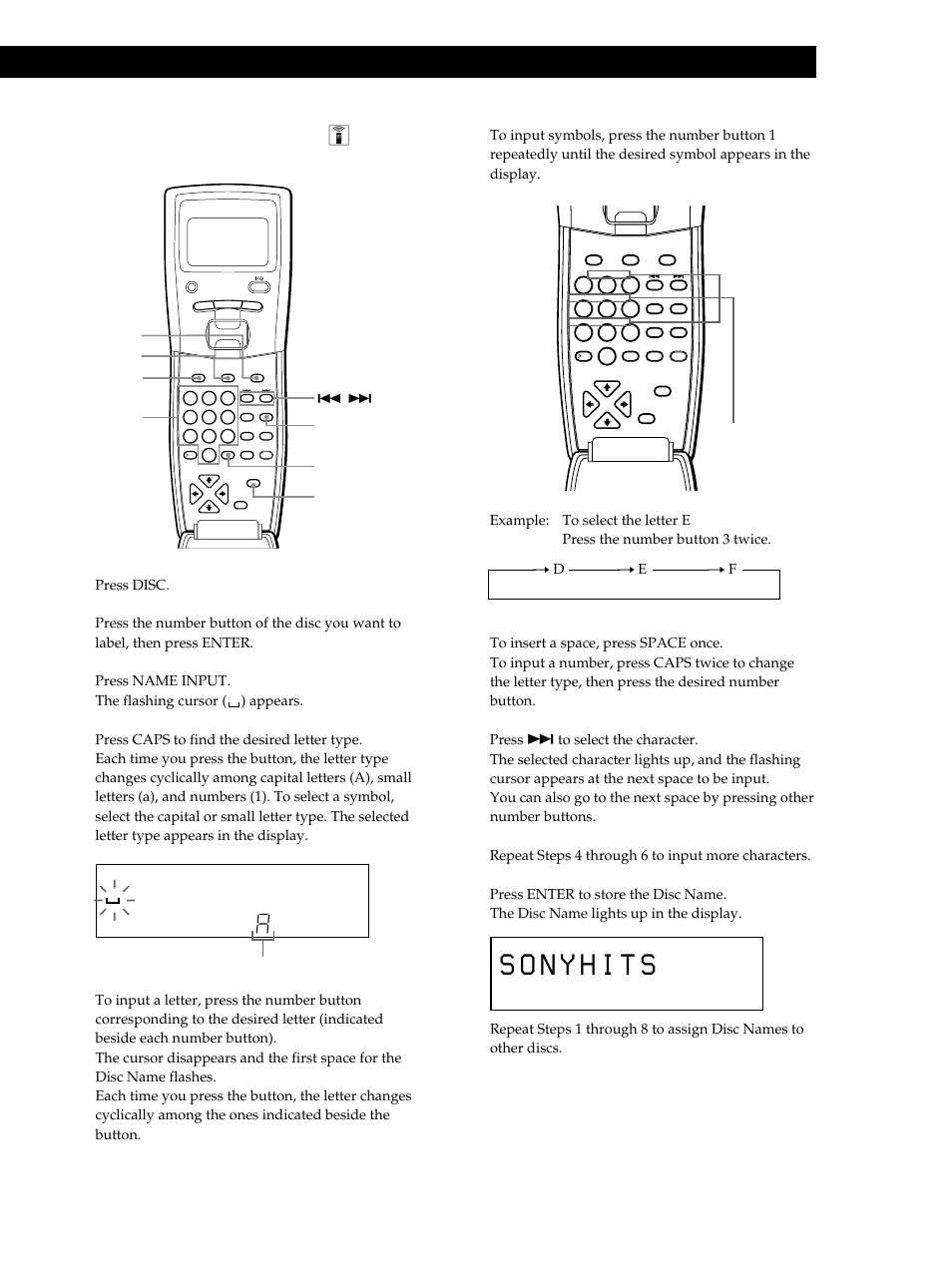 Storing information about cds (custom files), Storing information about cds (custom files) 1, Labeling discs using the remote z | Press disc, Press name input. the flashing cursor ( ) appears, Repeat steps 4 through 6 to input more characters | Sony CDP-M555ES User Manual | Page 29 / 48