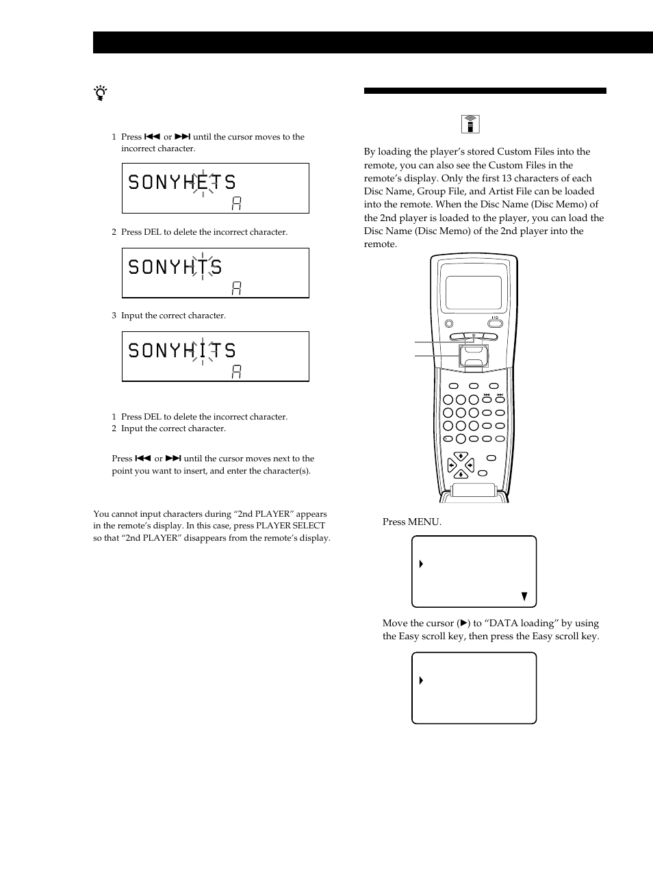 Loading the custom files into the remote z, Storing information about cds (custom files), Press menu | Sony CDP-M555ES User Manual | Page 30 / 48