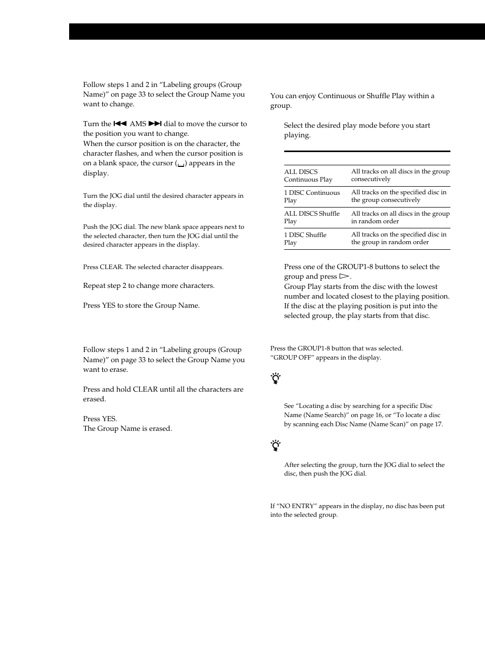 Storing information about cds (custom files), Changing the group name 1, Erasing a group name 1 | Sony CDP-M555ES User Manual | Page 34 / 48